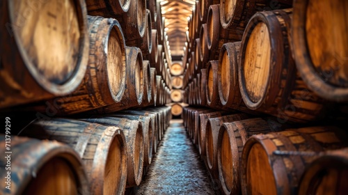 Barrels of whisky, bourbon, and scotch wine. Generative Ai.