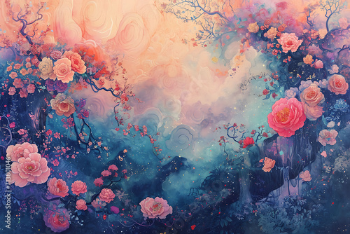 Blush Blossoms, Painting the Essence of Soft Colors, pink and blue, Floral Abstract Background, Illustrations