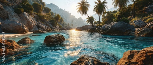 A serene tropical paradise, with crystal clear waters surrounded by lush palm trees and rocky terrains, kissed by the golden sunrise, generative ai