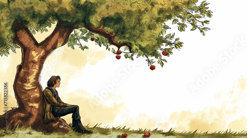 Illustration Isaac Newton discovered Newton's law of universal gravitation by seeing an apple fall from a tree.
