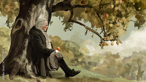 Illustration Isaac Newton discovered Newton's law of universal gravitation by seeing an apple fall from a tree.