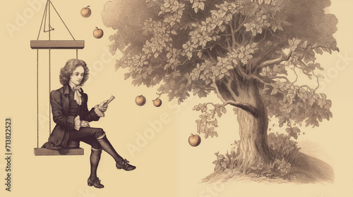 Illustration Isaac Newton discovered Newton's law of universal gravitation by seeing an apple fall from a tree.