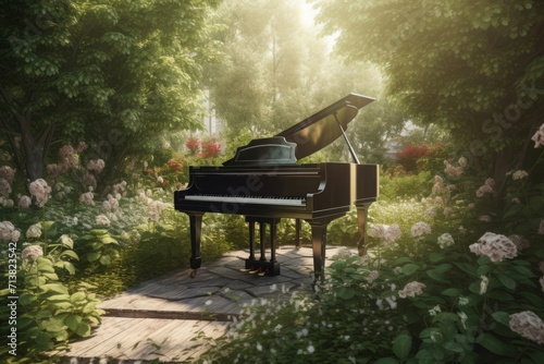 Grand piano in green garden. Musical classic instrument in spring blossom orchard. Generate ai