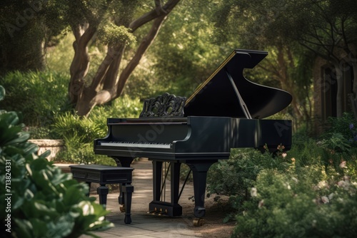 Grand piano instrument in green orchard. Musical classic equipment installed in botanical greenhouse. Generate ai