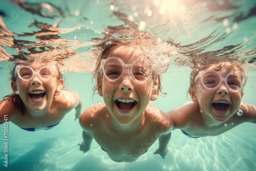 Group kids swimming underwater in pool. Delighted happy children in aquatic amusement park. Generate ai