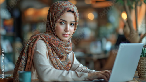 Eine Frau trägt einen Hijab und arbeitet im Büro