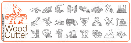 Woodcutter line icon set. Logging, sawmill line icon in circles, logging truck, tree harvester, timber, lumberjack, wood and lumber. Vector illustration