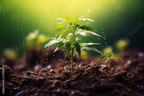 Moist soil with sprouting cannabis leaves on it, watered on a blurry backdrop. Generative AI