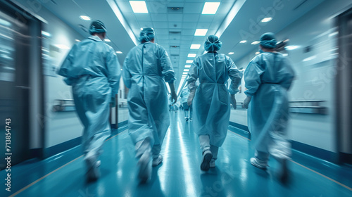 Doctors and nurses run down the hospital corridor to the operating room or to a seriously injured patient