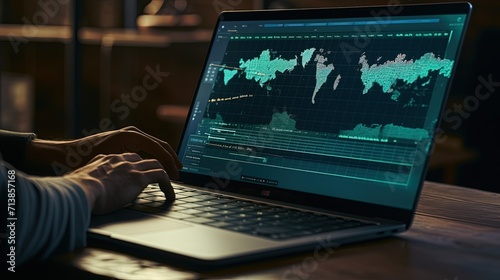 A cybersecurity expert intently studies a world map of cyber threats on a laptop screen, indicative of monitoring and protecting against global digital risks.