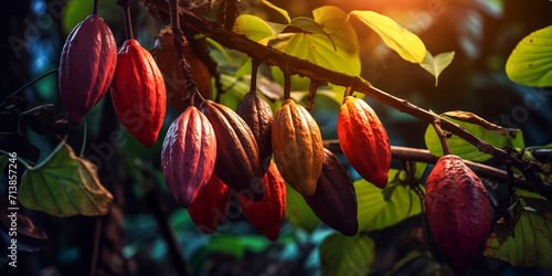detail of ripe cacao fruits hanging from a cacao tree (Theobroma cacao) in a cacao cultivation