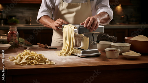 Italian chef making fresh pasta with a machine in the traditional style
