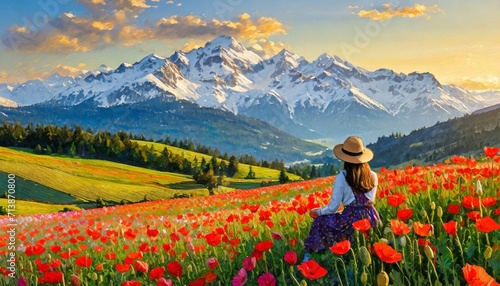 Woman in a straw hat sitting alone in a field of beautiful red poppies, looking at green hills and snow covered mountains in the distance, in style of oil painting