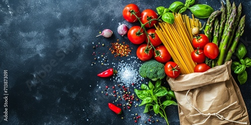 Healthy food background. Healthy food in paper bag vegetables and pasta on dark. Ingredients for cooking pasta with tomato and asparagus. Shopping food supermarket concept. Top view. Copy space