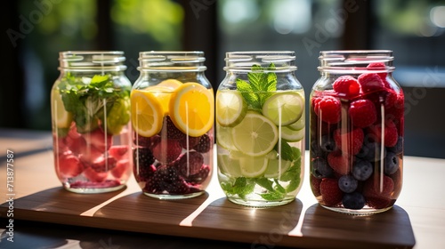 a row of jars filled with different types of fruit
