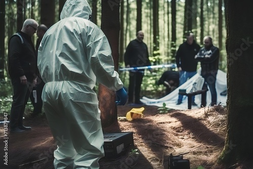 A group of people are conducting a crime scene investigation in the forest