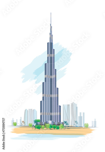 Burj Khalifa tower on a beautiful day with sun reflection. DUBAI, UNITED ARAB EMIRATES