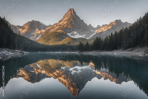 A serene mountain lake reflecting the surrounding peaks