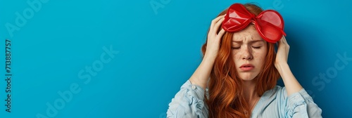 Anxious, panicking young redhead girl missed interview, overslept, holding red alarm clock and touching head frustrated with concerned face, wearing nightwear and sleep mask, blue background. 