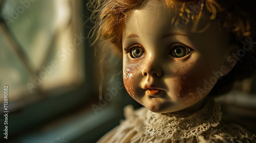 Close-up portrait of a vintage porcelain doll, with a visible crazing texture on its face to give an impression of antiquity and delicate fragility.