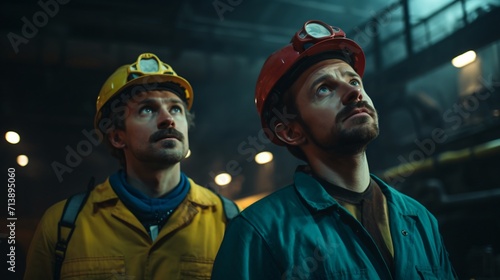 two male miners look to a bright future, miners in the mine