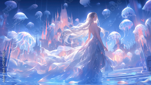 Female character in a fantasy world with flying jellyfish