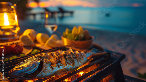 Delicious Grilled Fish Enjoyed Outdoors at a Night Beach