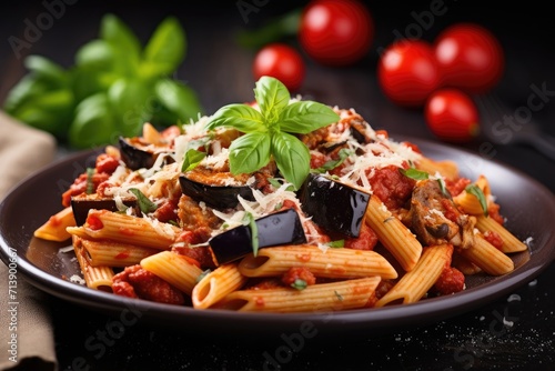 Selective focus and slider format captures traditional Italian dish pasta alla norma with eggplant and ricotta