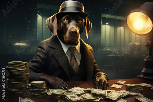 Cute dog in banker suit counting money