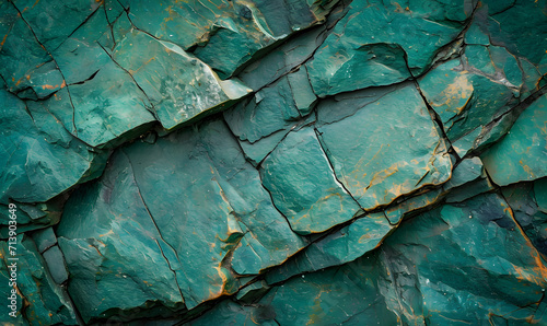 Emerald green cracked slate rock layers, Generative AI
