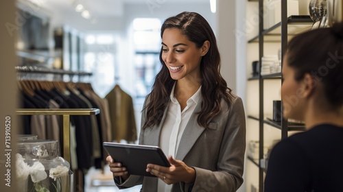 A candid, documentary-style shot of a warm and attentive female fashion store associate with an iPad mini, offering assistance to a pleased customer