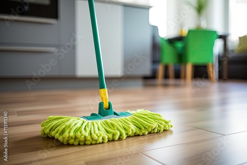 Using a green mop to clean the living room floor.