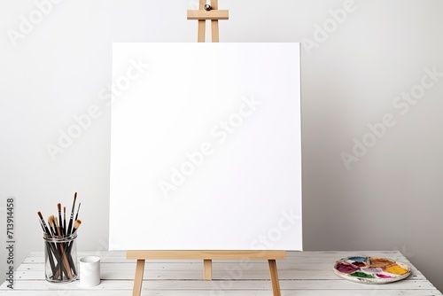 Blank canvas brushes paints palette on table with easel