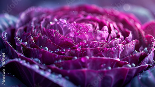A macro shot of a red cabbage cut, focusing on the point where the dense heart transitions to the looser outer leaves,