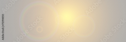 Bright light with glare and reflection of the camera lens. Sun, sun rays, dawn, lens flare on a transparent background.