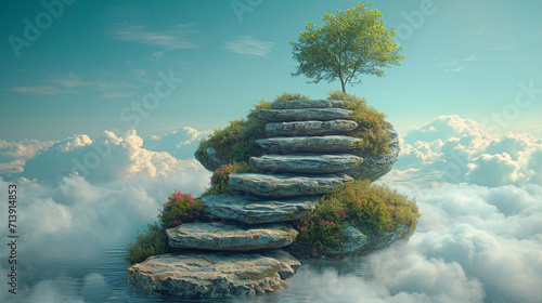 An image of a ladder with steps made of different natural elements like stone, wood, and water, ascending to the clouds,