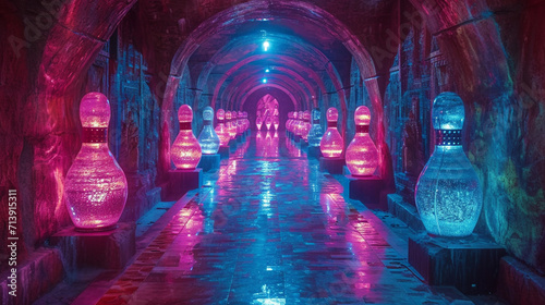 A surreal vision of giant, glowing bowling pins in an ancient, mystical temple,