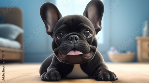 Cartoon black French bulldog puppy stay at home