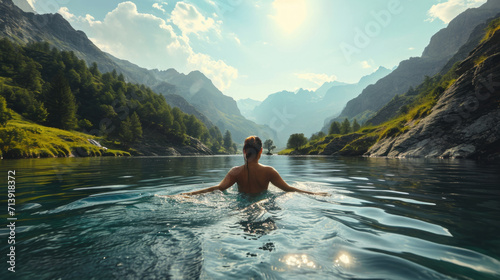 Woman swimming in a mountain river