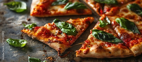 Close up of slices of pizza margherita with basil. Creative Banner. Copyspace image