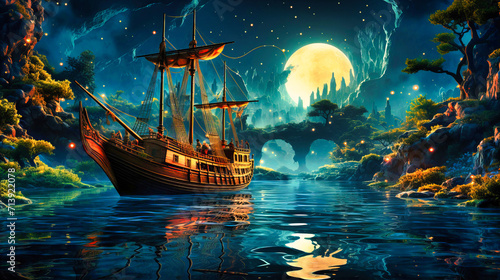 Set sail on a mysterious adventure with this moonlit ship illustration. The artwork combines elements of fantasy and nautical exploration in a captivating scene.