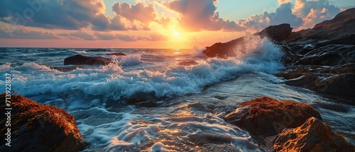 Golden hour, Golden sunset illuminates the vigorous ocean waves crashing against rocky shores, generative ai