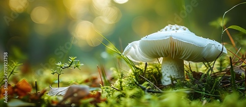 Discover the intricate beauty of a white mushroom as it stands elegantly in a lush meadow This side view captures the delicate gills underneath the cap creating a harmonious scene in the heart