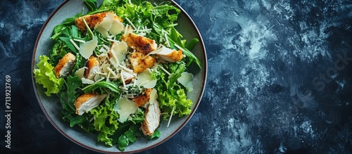Caesar salad with chicken romaine and Parmesan shot from the top. Creative Banner. Copyspace image