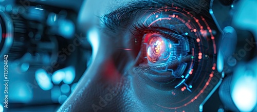 Doctor examines the patient s vision using a realistic human eye hologram Modern ophthalmologist vision concept laser eye surgery cataract astigmatism digital healthcare and hologram network