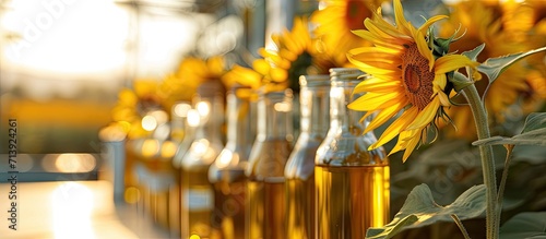 Bottling line of sunflower oil in bottles Vegetable oil production plant High technology Industrial background. Creative Banner. Copyspace image