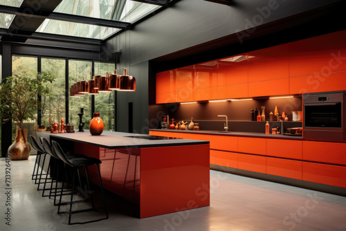 Large and spacious colorful minimal kitchen interior design