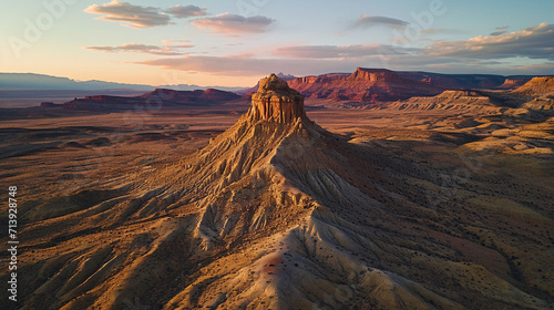 At sunset, observe an overhead perspective of a sandstone butte situated in the desert valley of Utah, specifically in Capitol Reef National Park near Hanksville, United States. Generative AI
