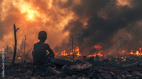 A Child in Front of Fire and Destruction: Children are the Real War Victims, AI Generative