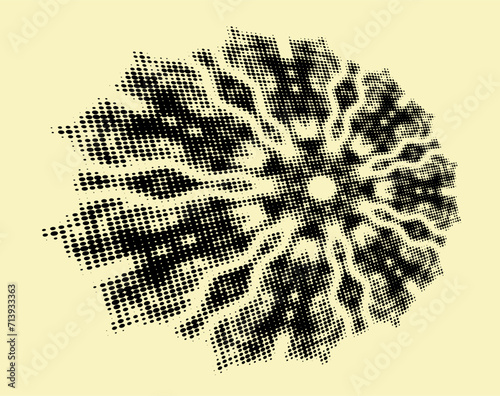 A mottled halftone mandala with radial curved rays rushes forward. Vector.